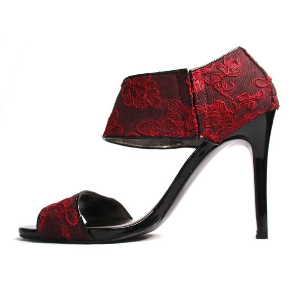 CARLOS SANTANA Red/Black Brocade Fabric Ankle Strap Stiletto Heel Sandals Sz 7 - Picture 6 of 12